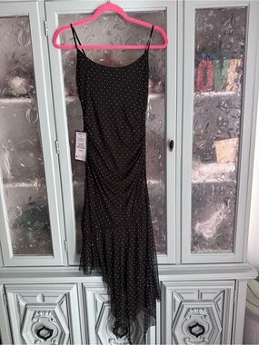 Black Polka Dot Asymmetrical Slip Dress with Spaghetti Straps